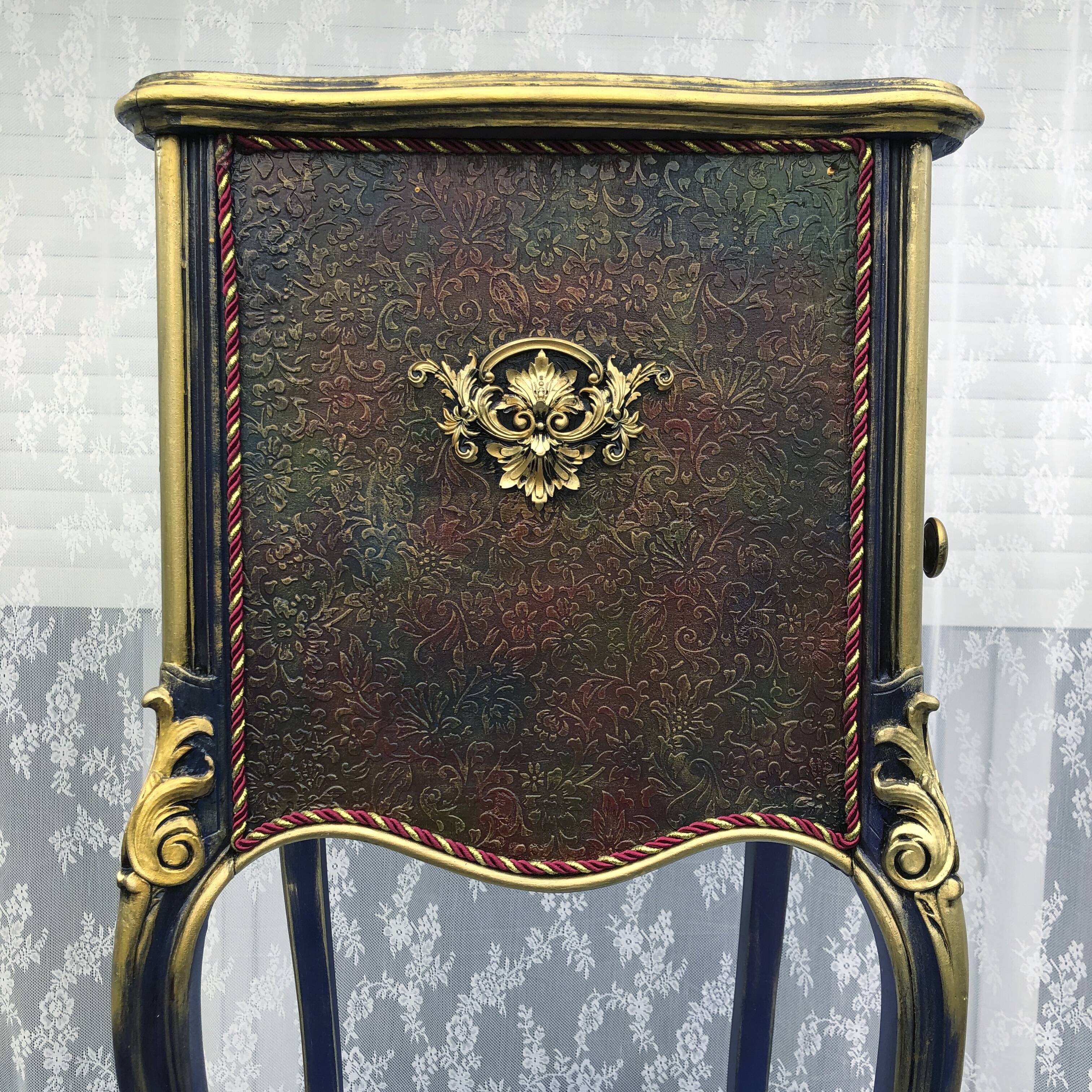 Classic revamped furniture – decorative blue and gold bedside table