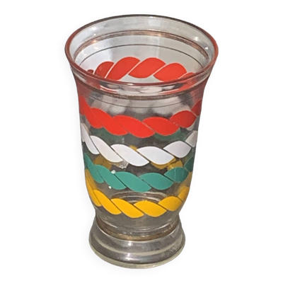 Vase en verre transparent et dore et lignes sérigraphies rouge, blanc, vert et jaune vintage 1960
