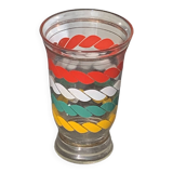 Vase en verre transparent et dore et lignes sérigraphies rouge, blanc, vert et jaune vintage 1960