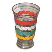 Vase en verre transparent et dore et lignes sérigraphies rouge, blanc, vert et jaune vintage 1960