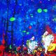Abstract blue and red colors acrylic painting on stretched canvas