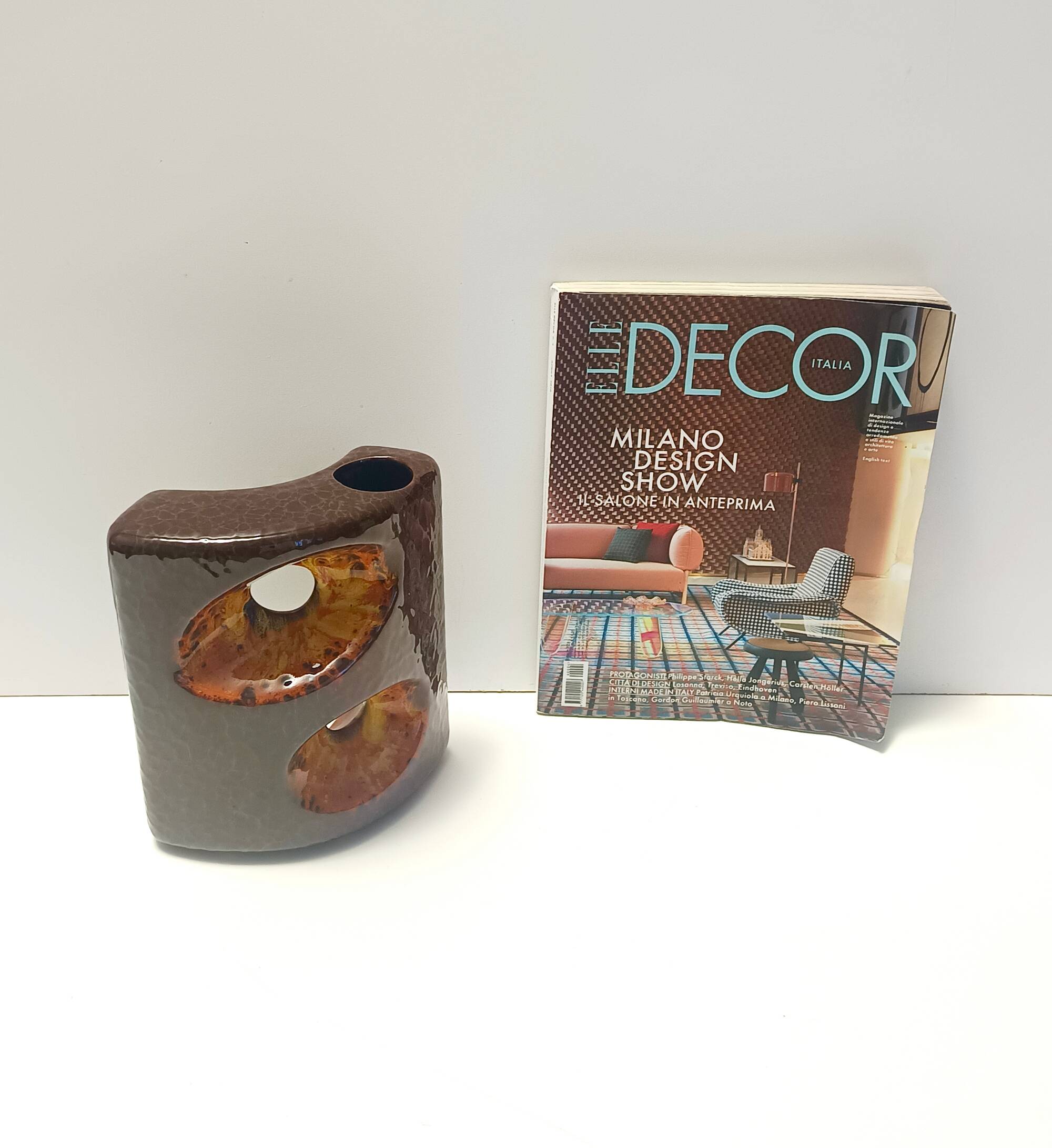 Postmodern Brown and Orange Glazed Ceramic Vase Item by Giovanni Bertoncello
