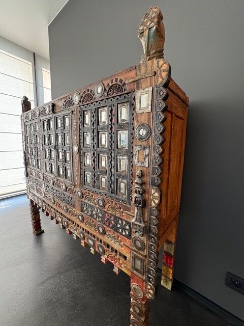 Antique wedding furniture from Rajasthan in carved wood, with inlays.