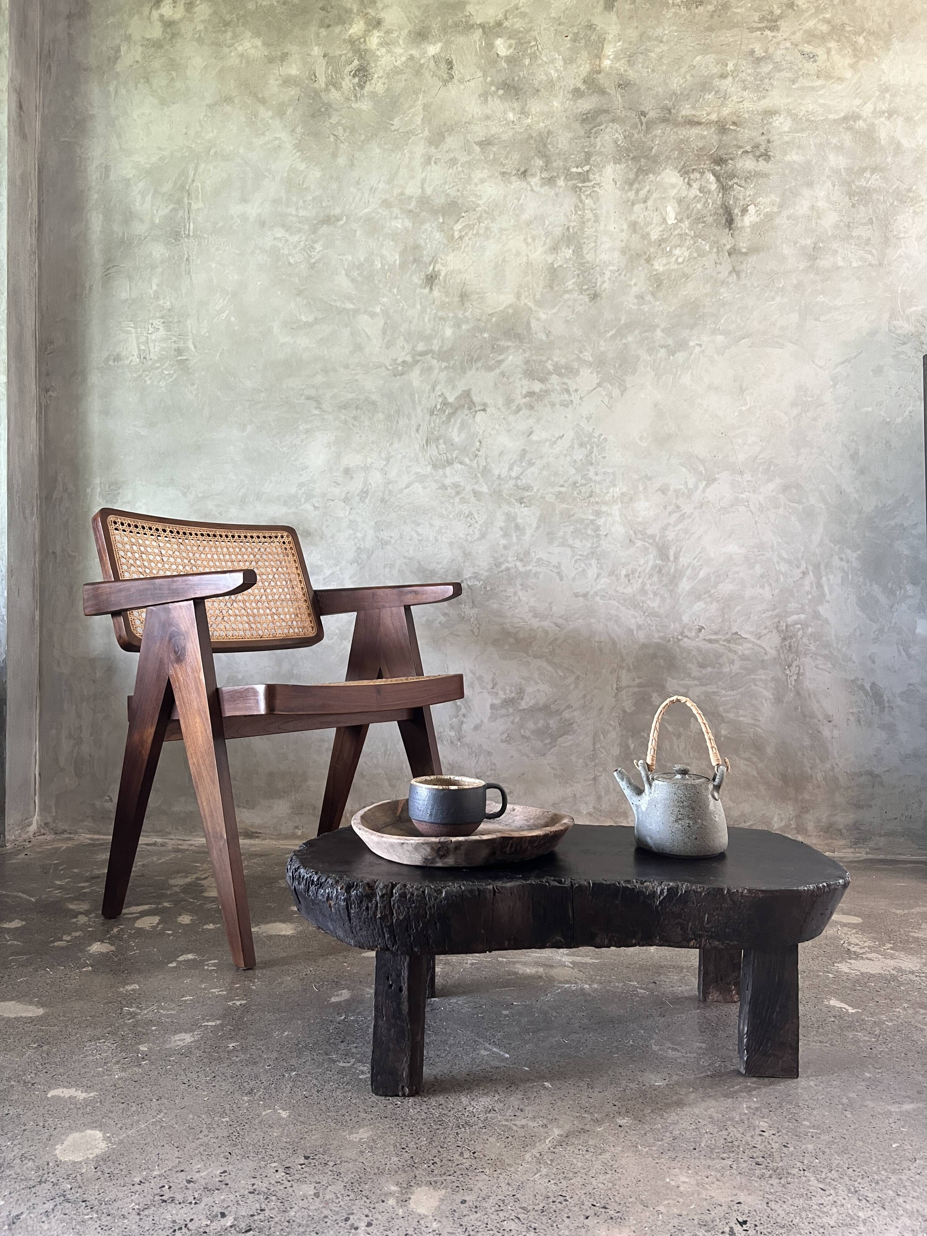 Small old Asian wooden coffee table in Japanese style, kidney-shaped top
