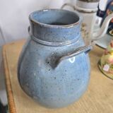 Blue glazed stoneware vase – Squat shape with handles – Handmade craftsmanship