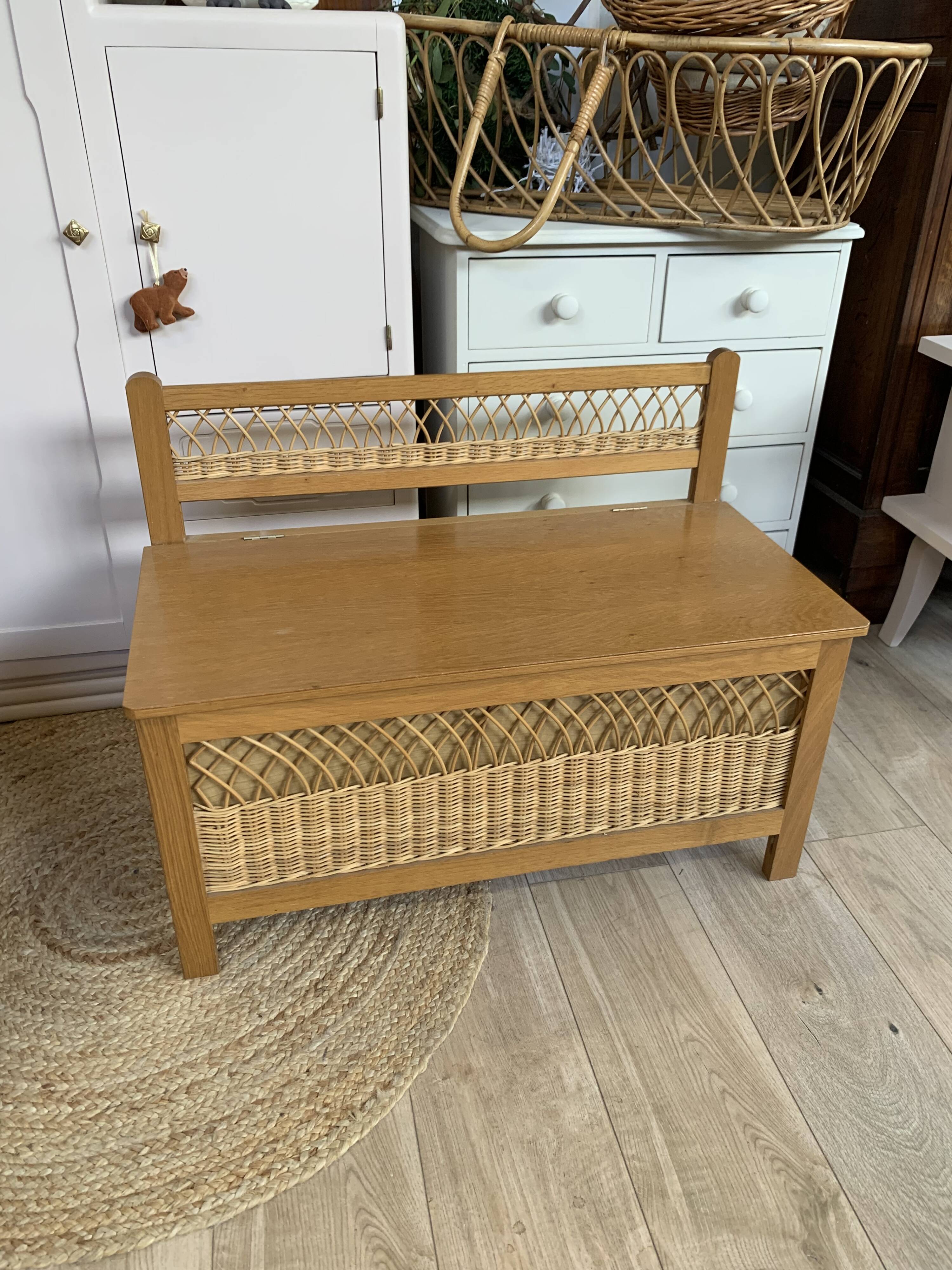 Vintage wood and rattan chest bench
