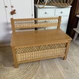 Banc coffre bois et rotin vintage