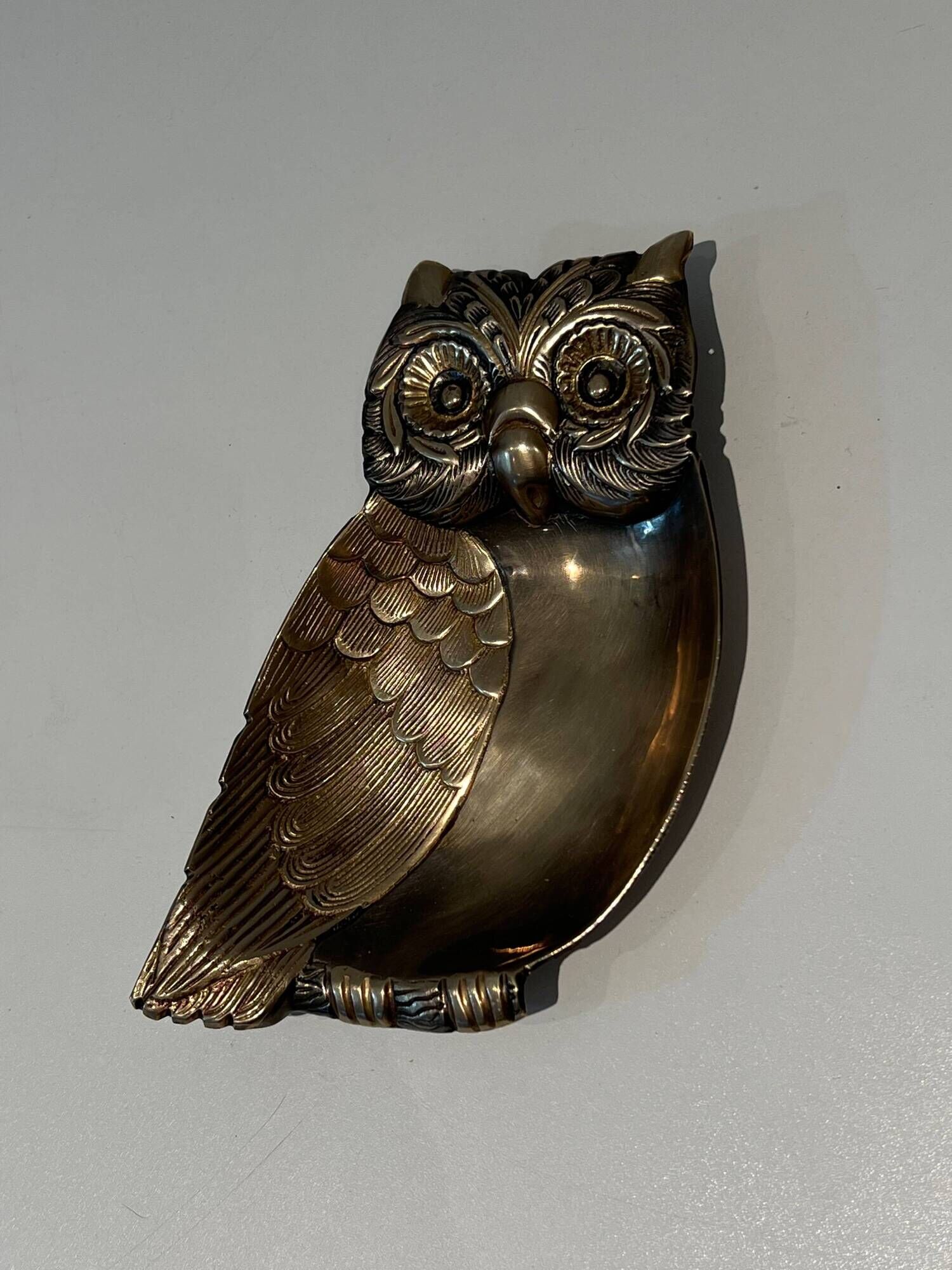 Brass Owl Catchall with Chiseled Feather Decoration. Italian Work in the