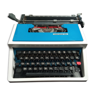Blue Underwood 315 portable typewriter with its carrying case