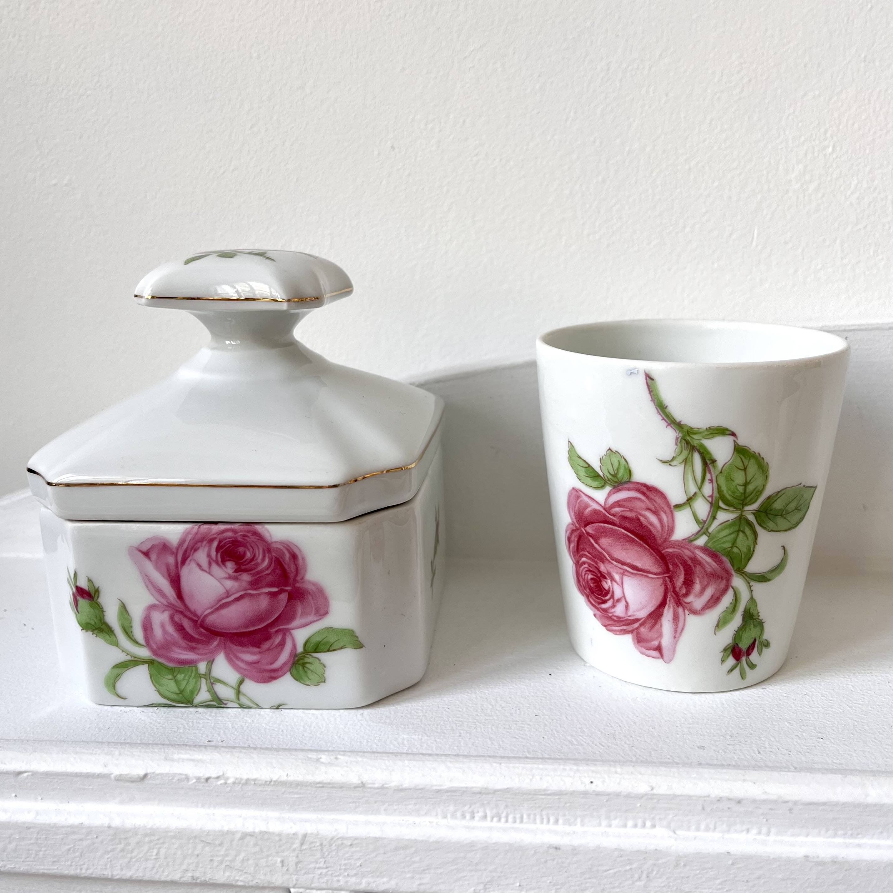 Limoges porcelain toiletry bottles decorated with roses