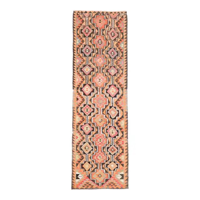 1970s Turkish Oushak Handmade Wool Cotton Orange Runner Rug 103x325