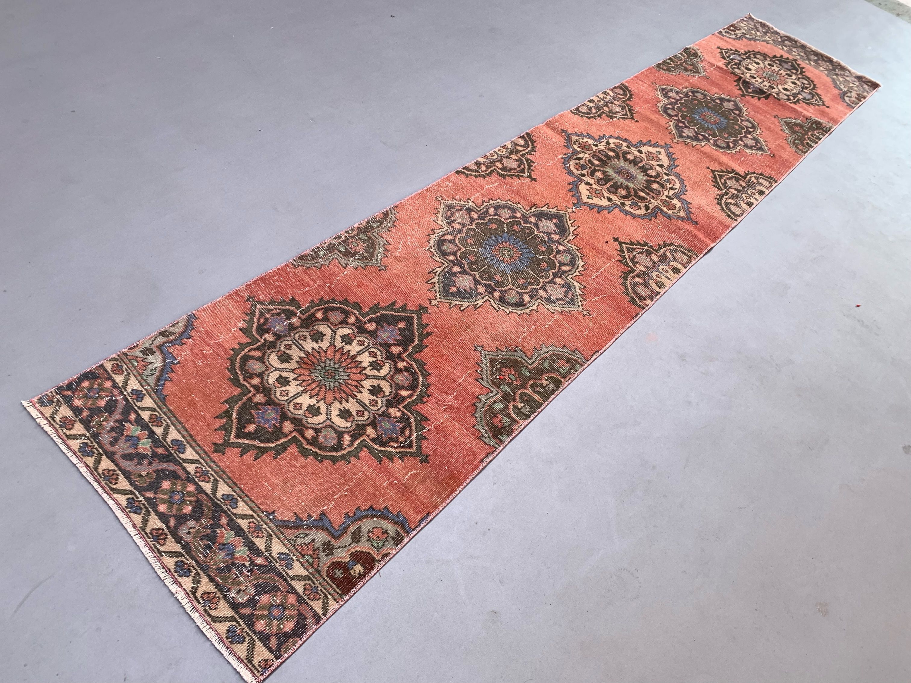 Distressed Turkish Runner 398x81 cm wool Vintage Tribal Rug