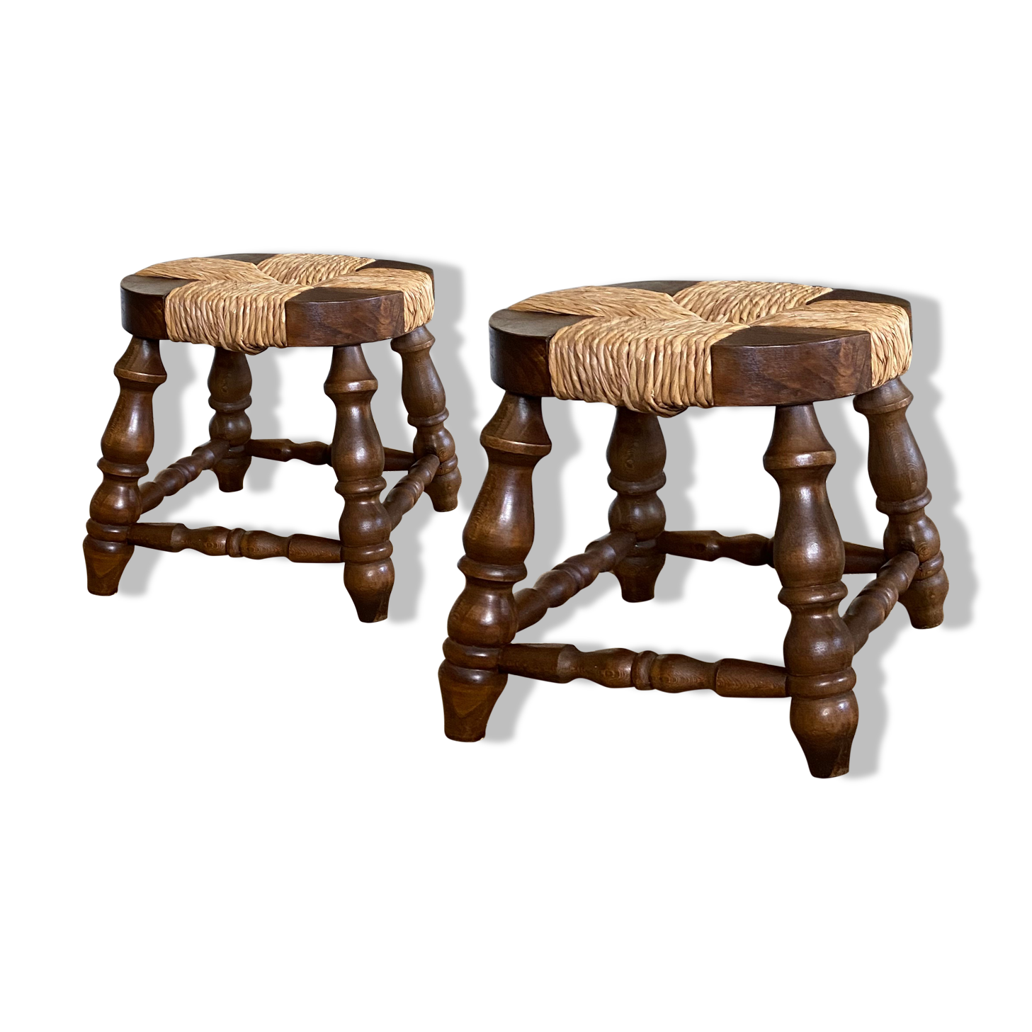 Paire de tabourets bois et paille vintage