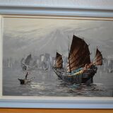 peinture marine voiliers bord de mer en Asie HSP signé