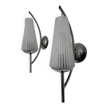 Chrome and ribbed glass wall lights from the 60s (X2)