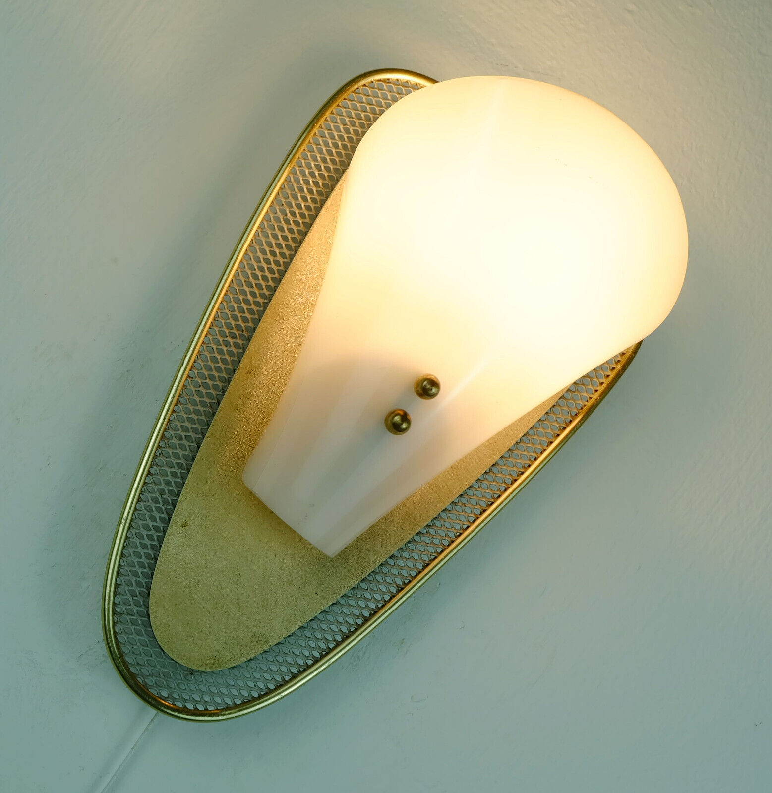 1950s sconce gray metal mesh and brass with white acrylic shade