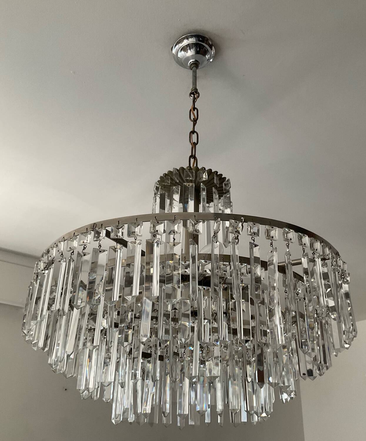 Large crystal chandelier with cascade of pendants from the 60s and 70s