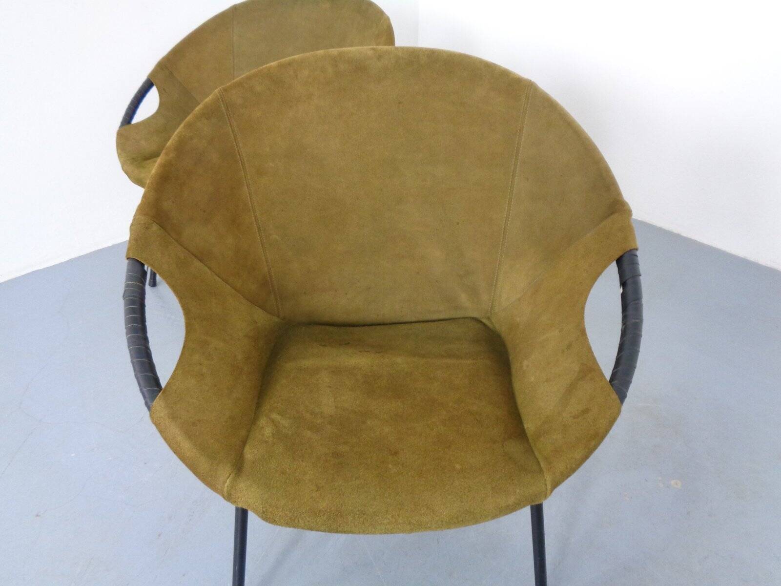 Olive Green Suede Balloon Chairs from Lusch, Germany, 1960s, Set of 2