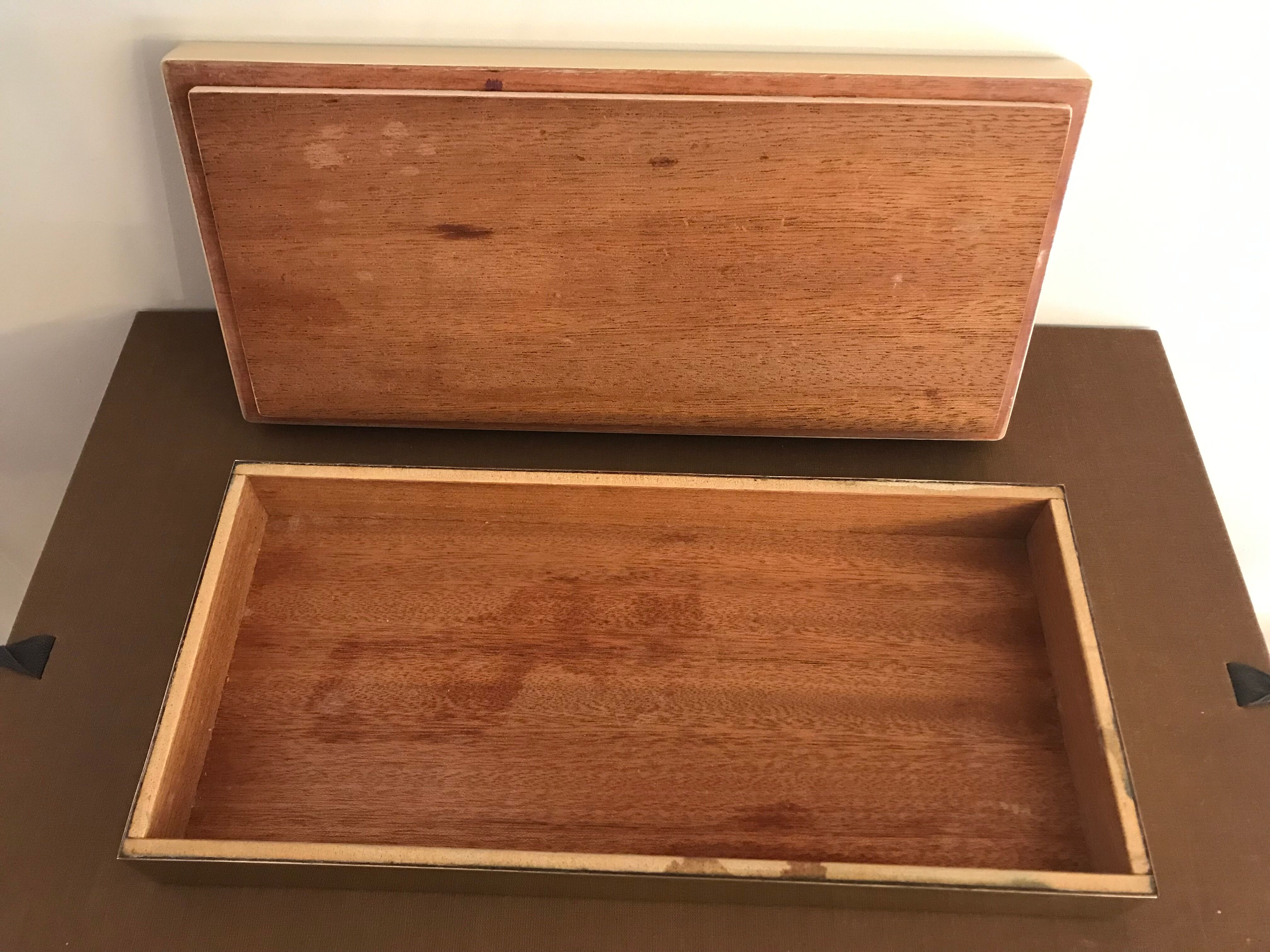 Rectangular mother-of-pearl and brass storage box 1970