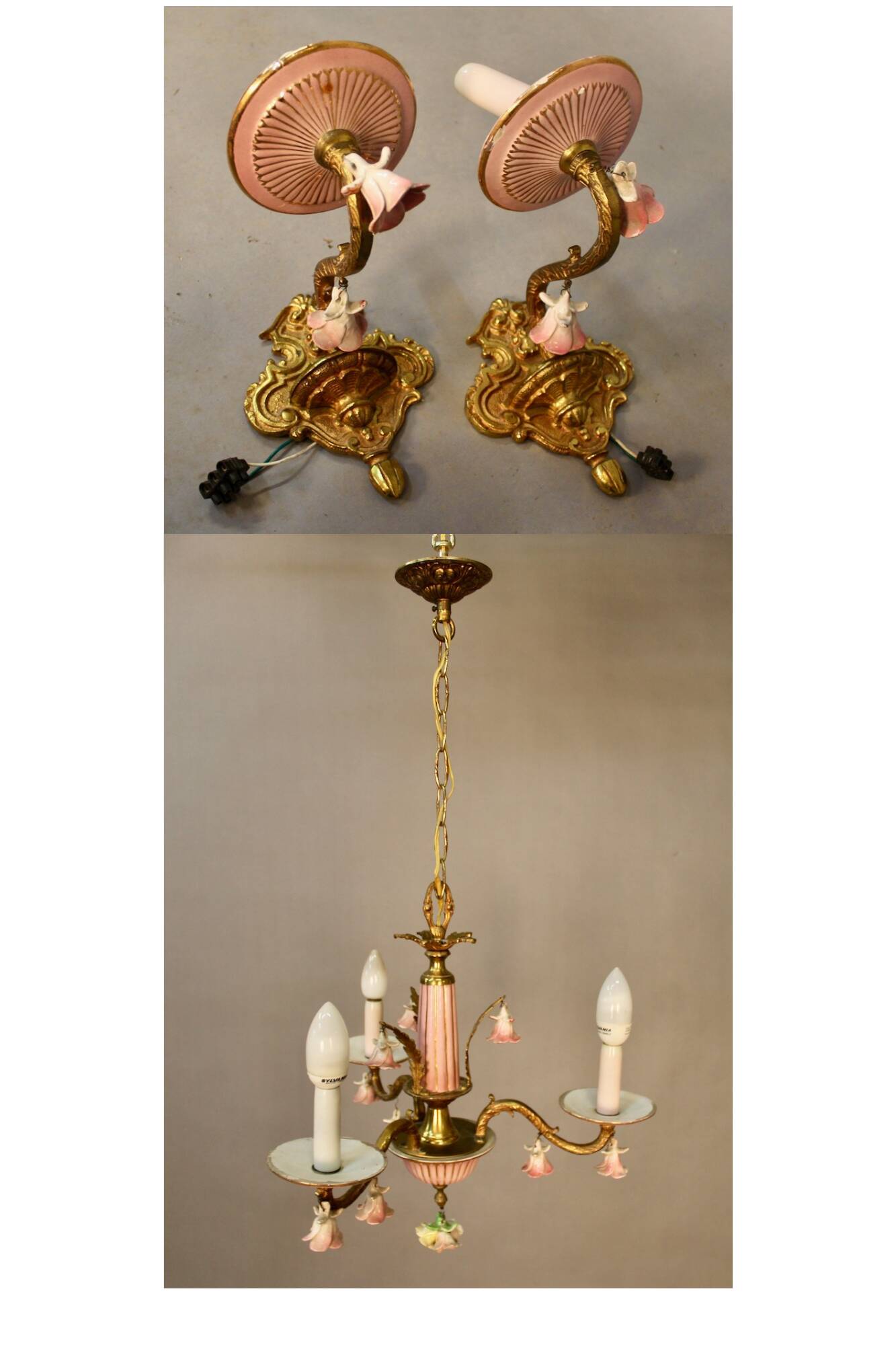 Small Italian Bronze Chandelier with Porcelain Flowers and its 2 Wall Sconces
