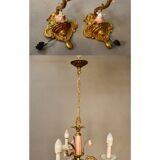 Small Italian Bronze Chandelier with Porcelain Flowers and its 2 Wall Sconces