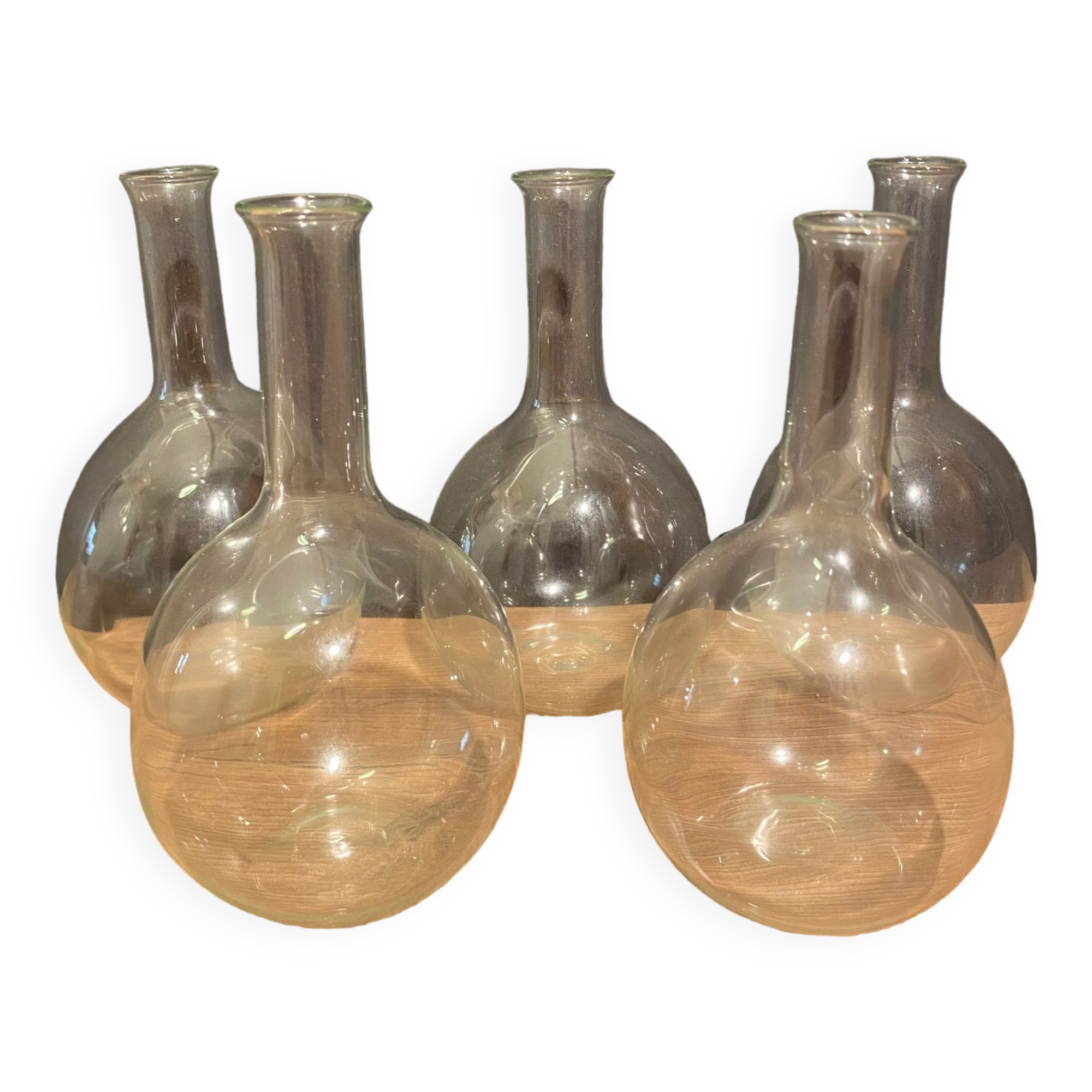 Suite of 5 bakings, bottles with long glass neck
