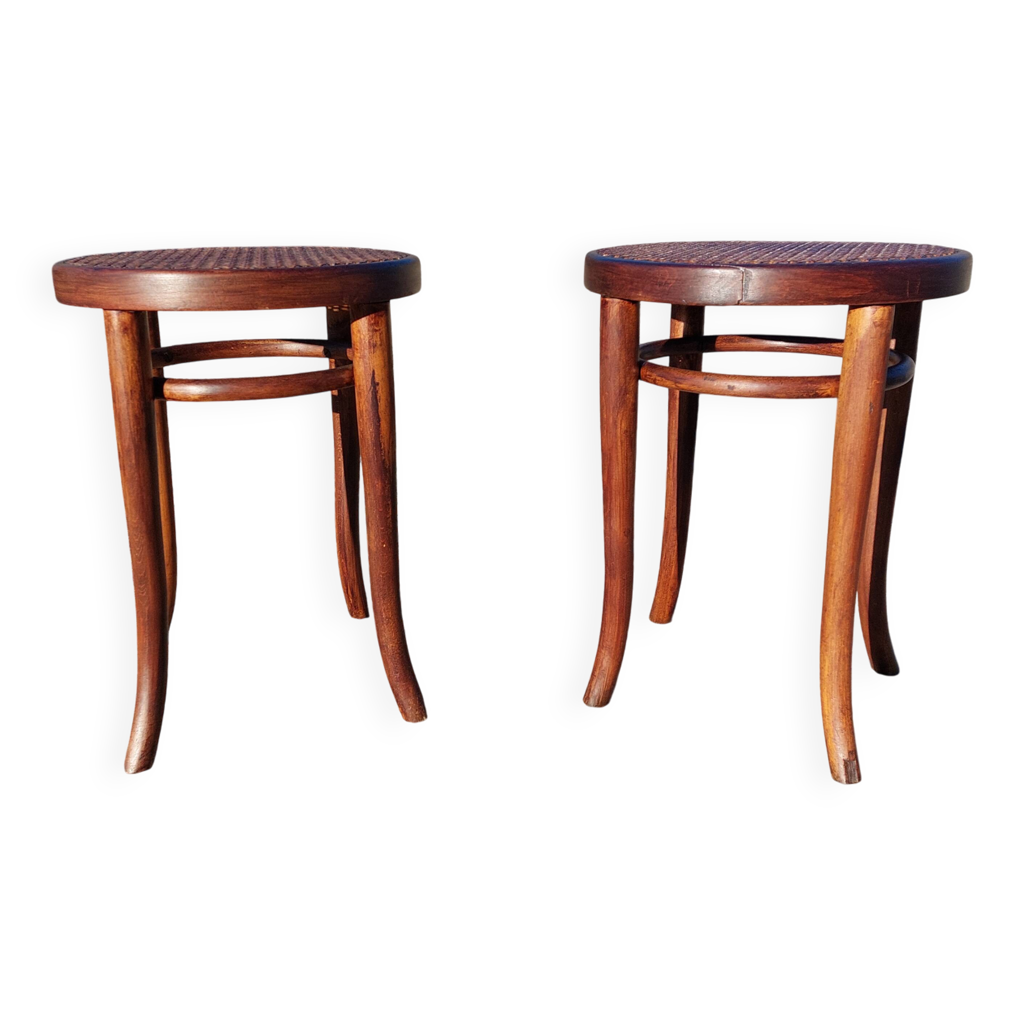 Pair of low caned stools signed Thonet - 1920s