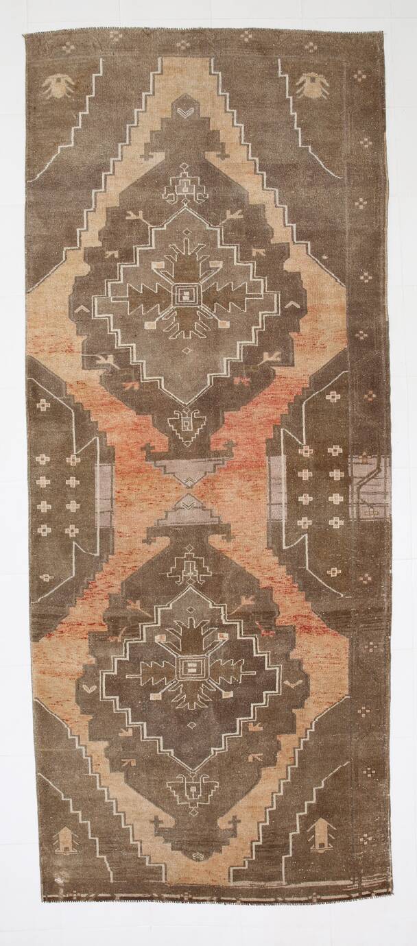 5x13 Tapis Couloir Anatolien Vintage, Tapis Turc Brun Taupe, 159x385 Cm