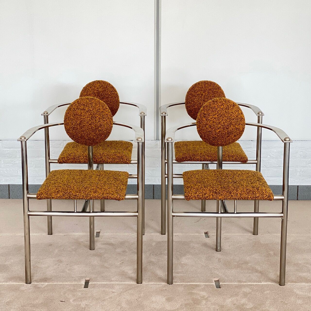 Set of 4 Belgo Chrom steel armchairs with bouclé