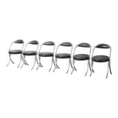 Ensemble de 6 chaises vintage style Giotto Stoppino années 1970 – chaises au design en chrome avec simili cuir noir.