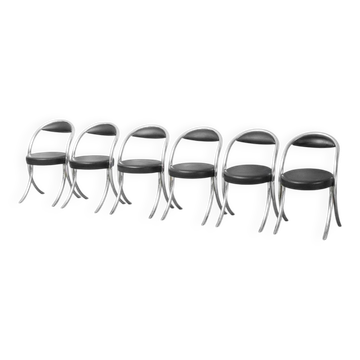 Set of 6 vintage chairs Giotto Stoppino style 1970s – chrome design chairs with black faux leather