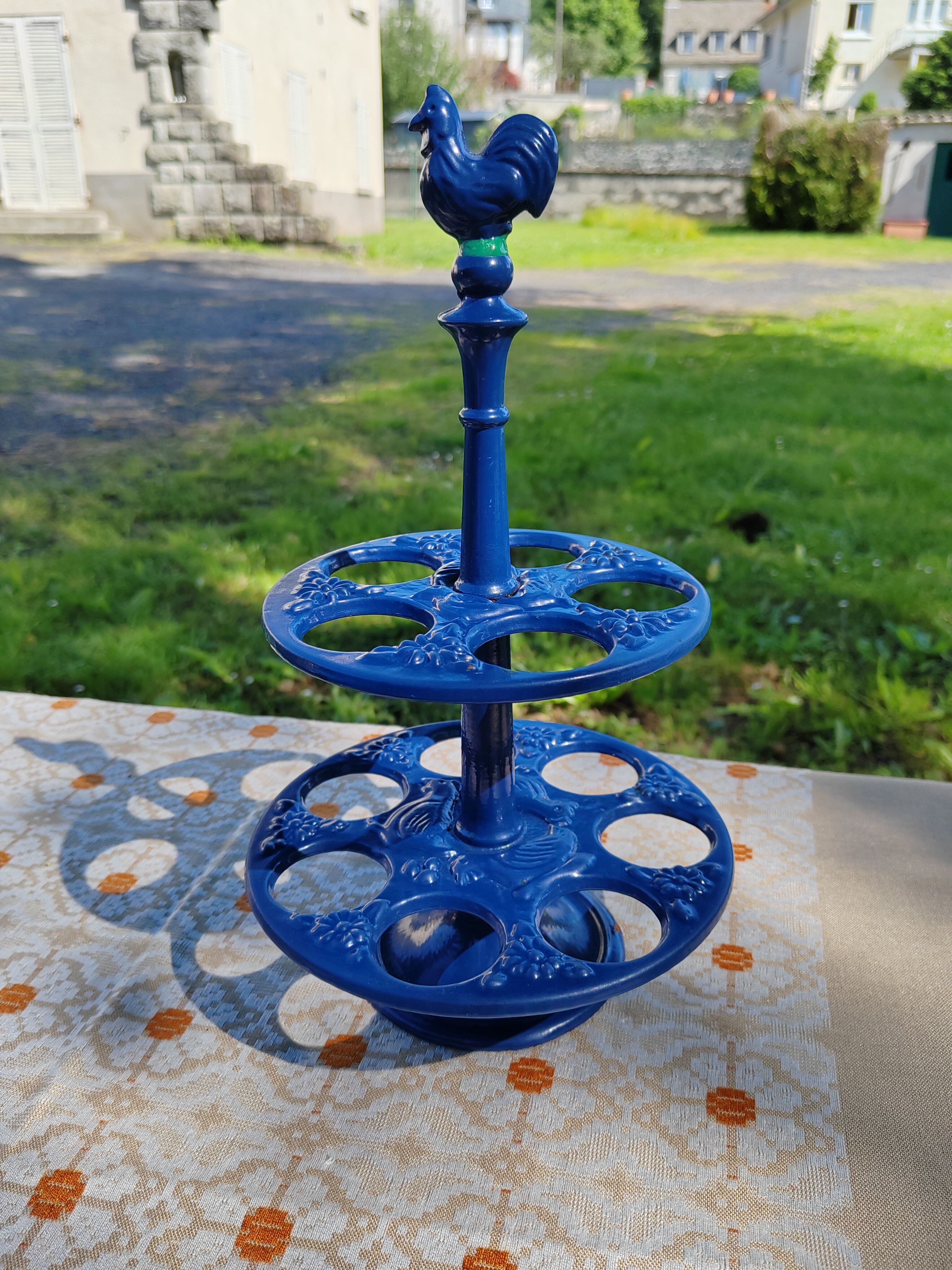 Blue enamelled cast iron egg holder 60s/70s