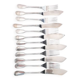 Six couteaux et six fourchettes à poisson en métal argenté Christofle