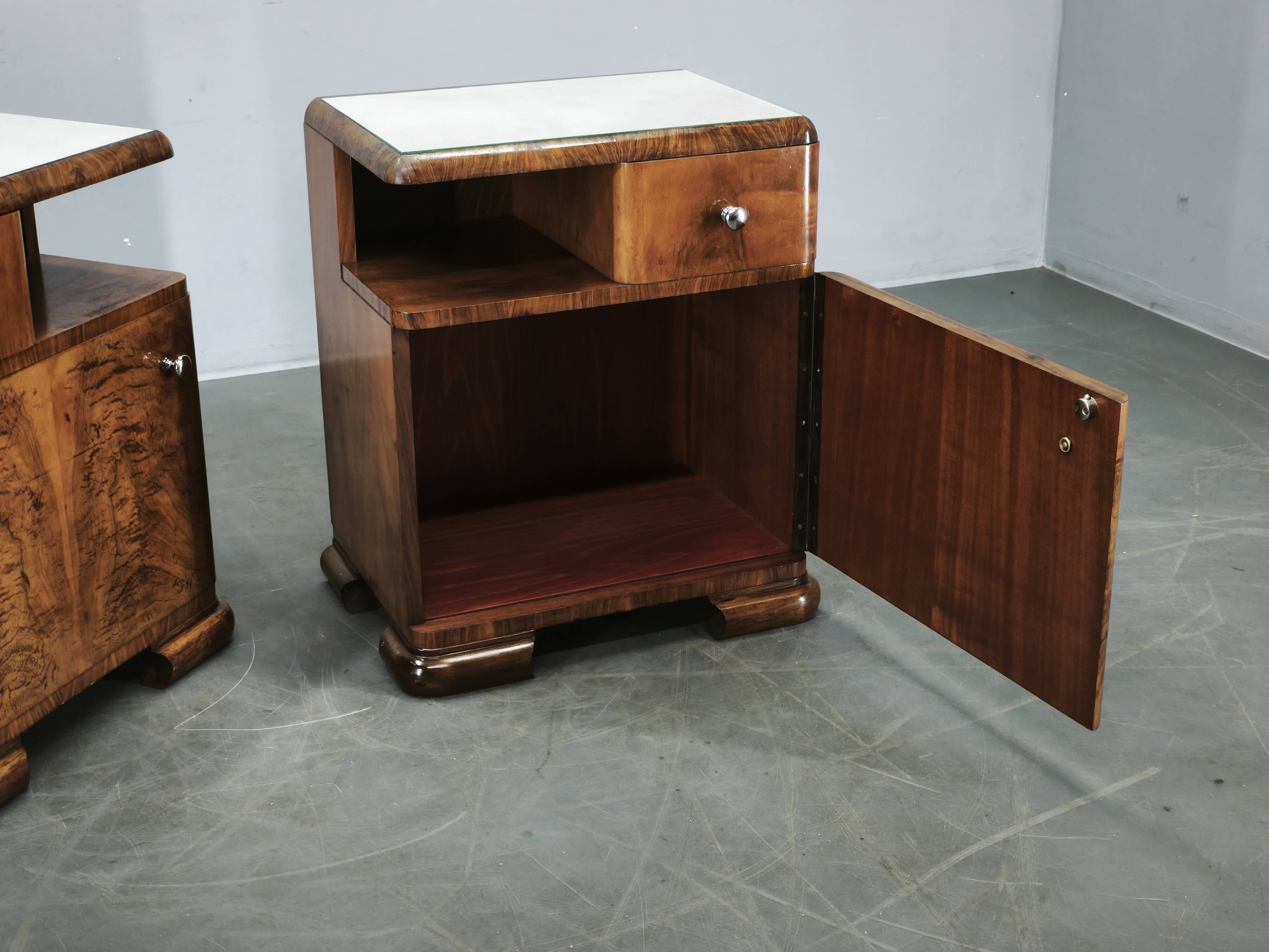 Pair of Art Deco Walnut Nightstands, Czechoslovakia, 1930s
