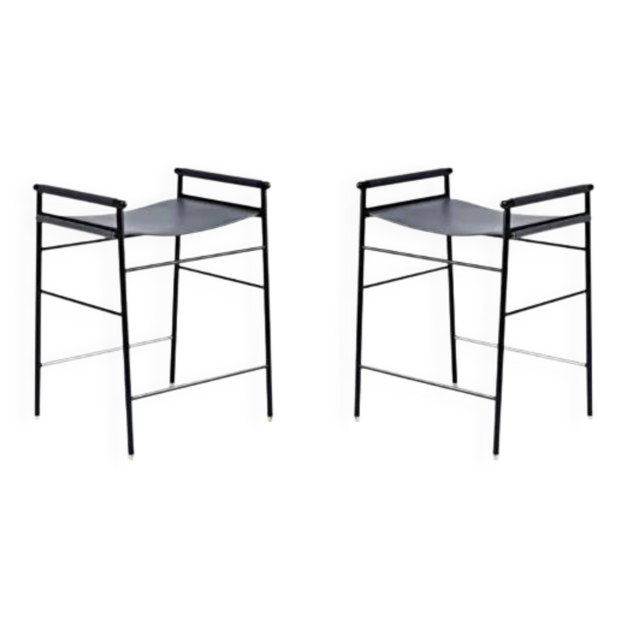 Pair of backless bar stools in blue leather and black metal.