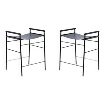 Pair of backless bar stools in blue leather and black metal.