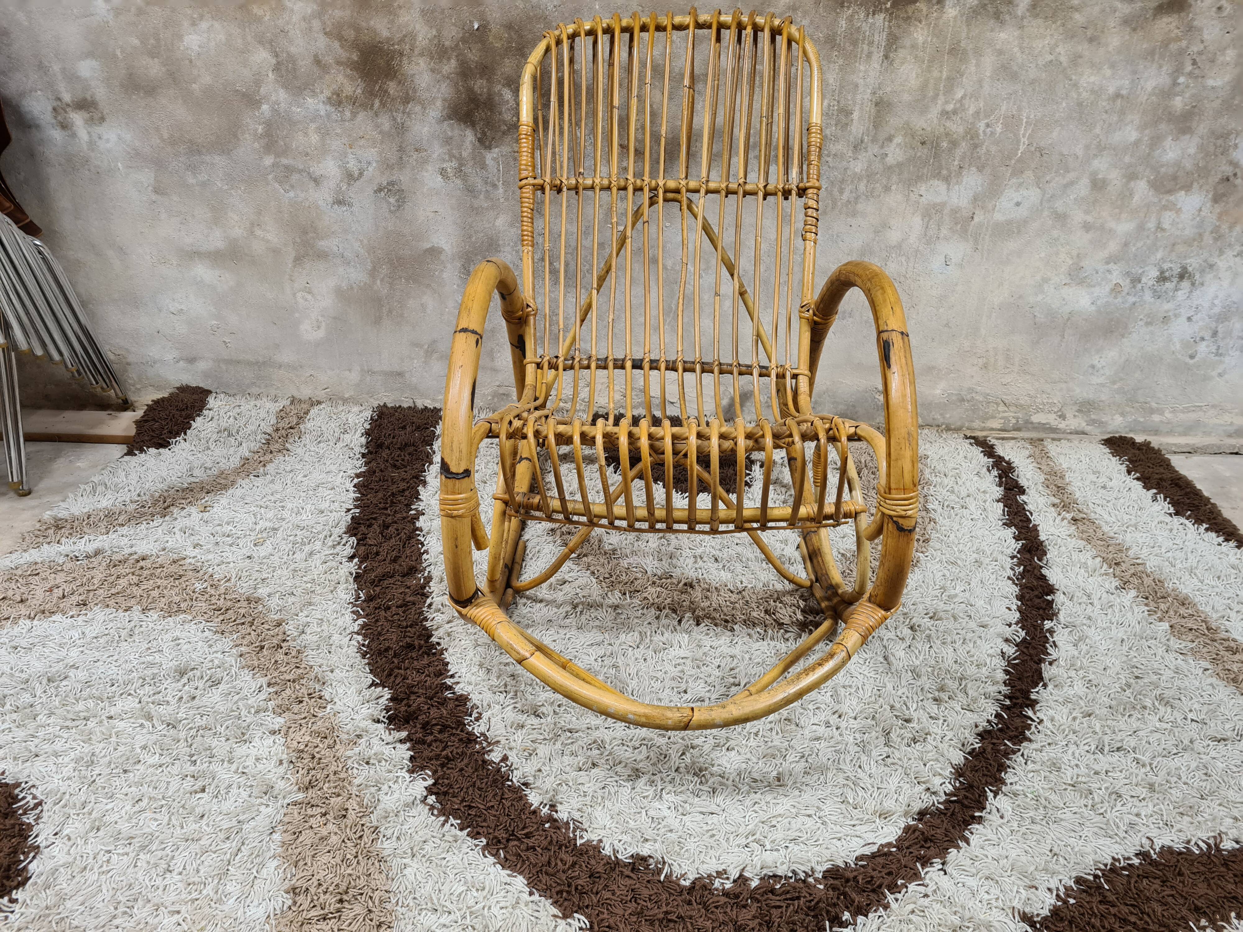 Rocking-chair rattan bamboo 60s