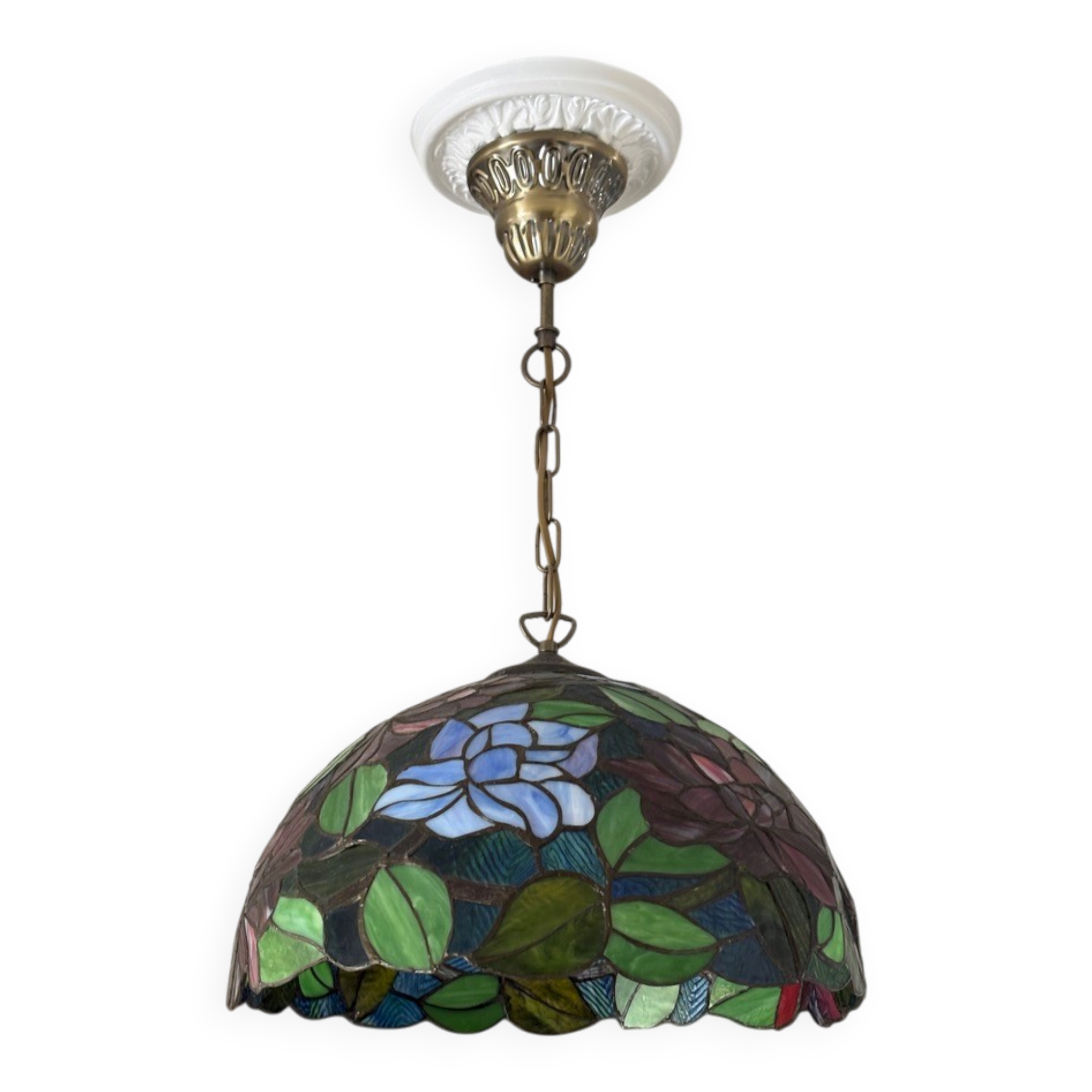 Tiffany-style floral stained glass pendant light in brass D40cm