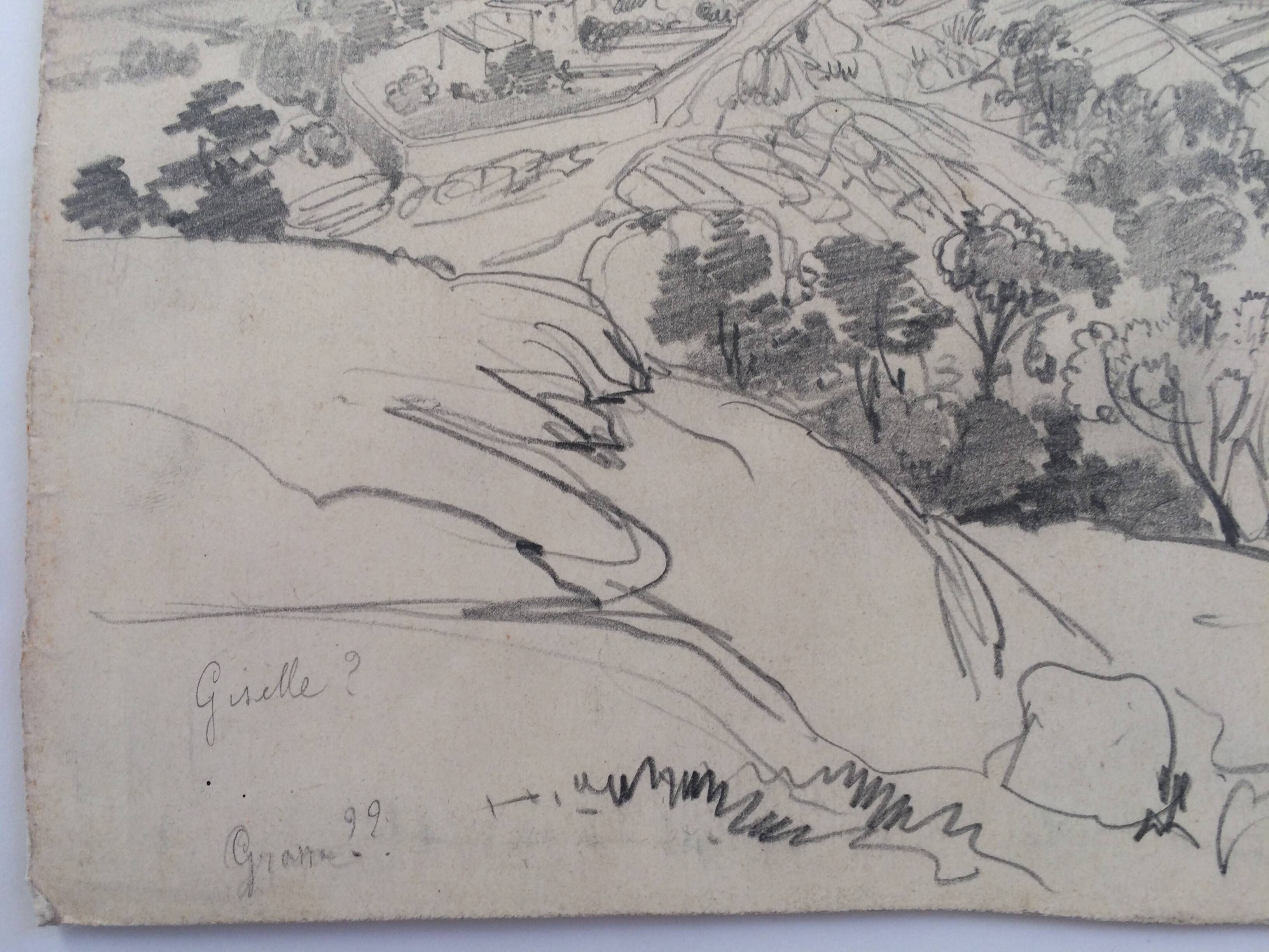 Félix BENOIST, Presumed view of Grasse. Pencil drawing, 19th century