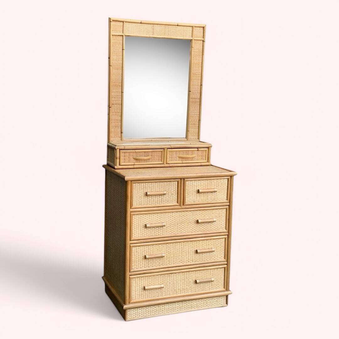 Rattan and woven wicker chest of drawers and mirror, 1970