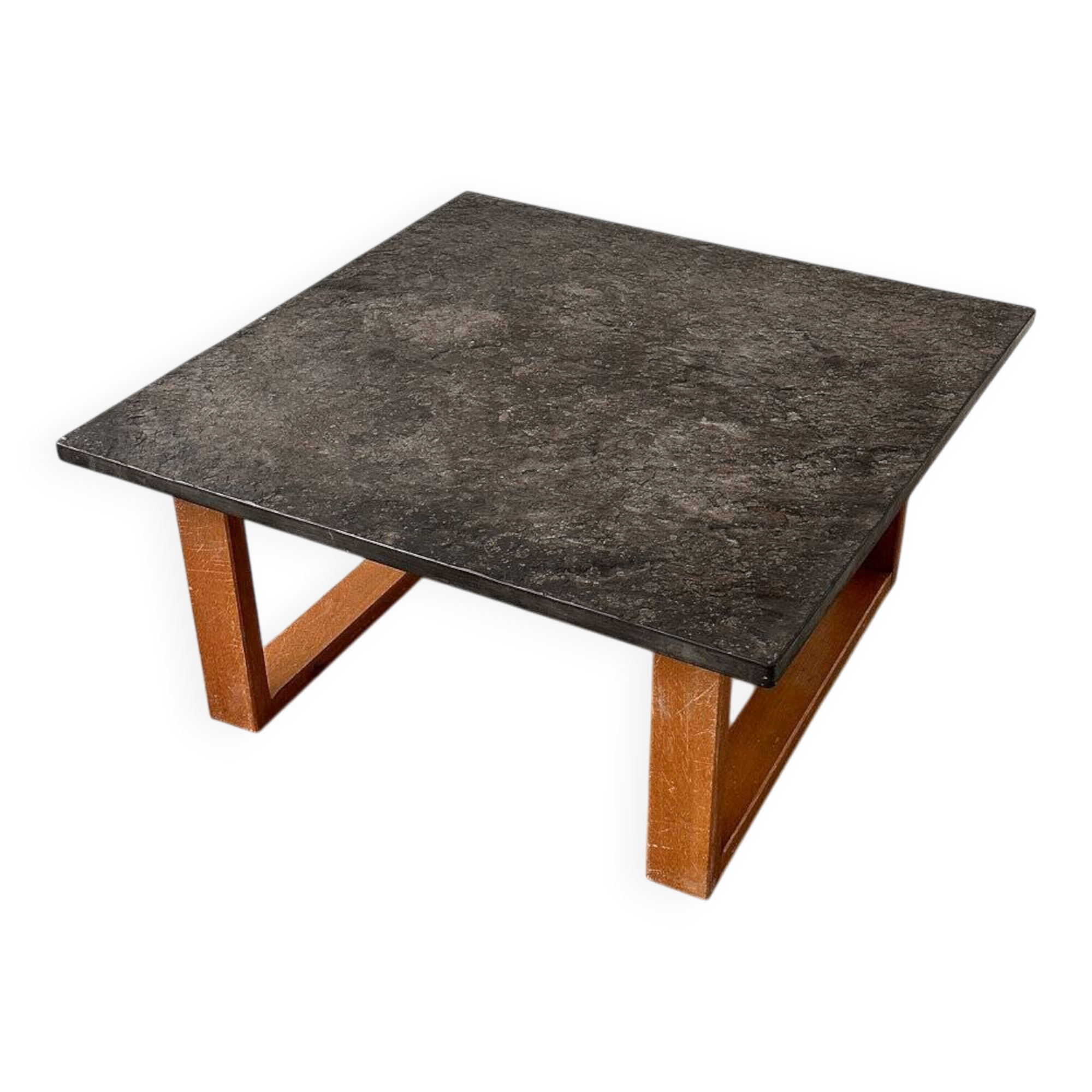 Table basse vintage en ardoise belge et chêne, années 1970