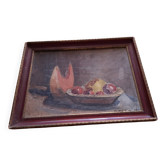 Tableau , huile sur carton  , nature morte coupe de fruit signée Bello