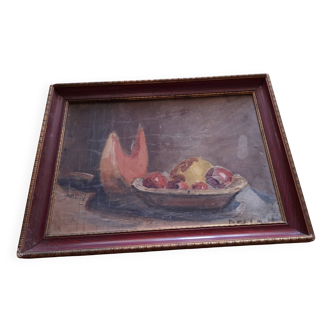 Painting, oil on cardboard, still life fruit bowl signed Bello