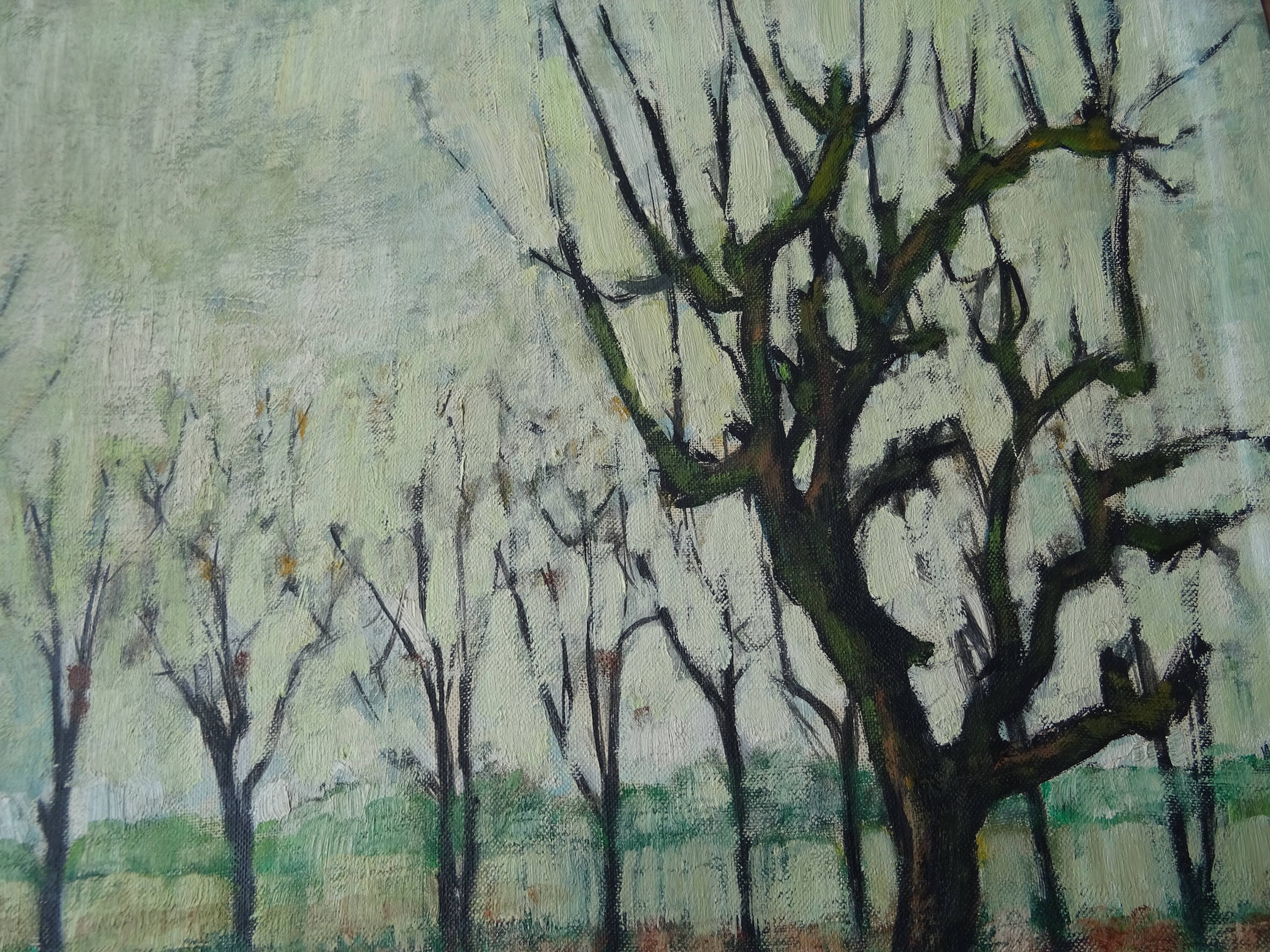 Landscape painting riverside 1964 vintage M. Fargette