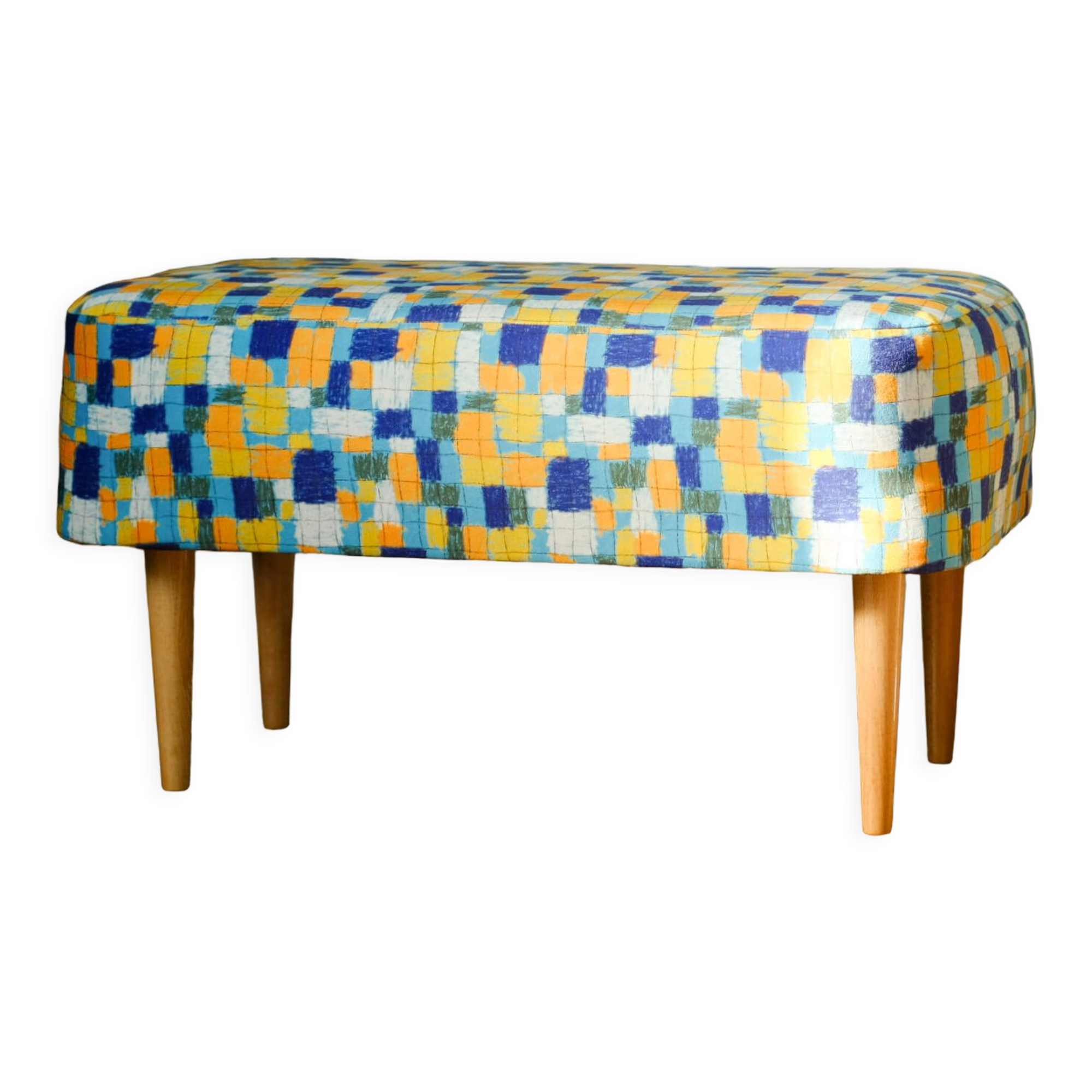 Yellow bench with checks, jacquard fabric, solid wood