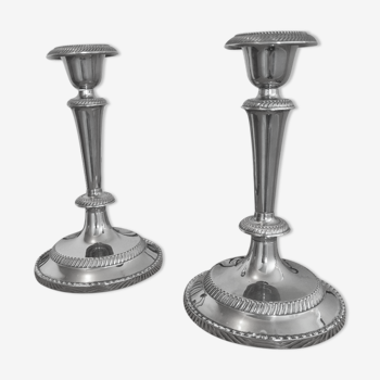 Pair of silver metal candle holders