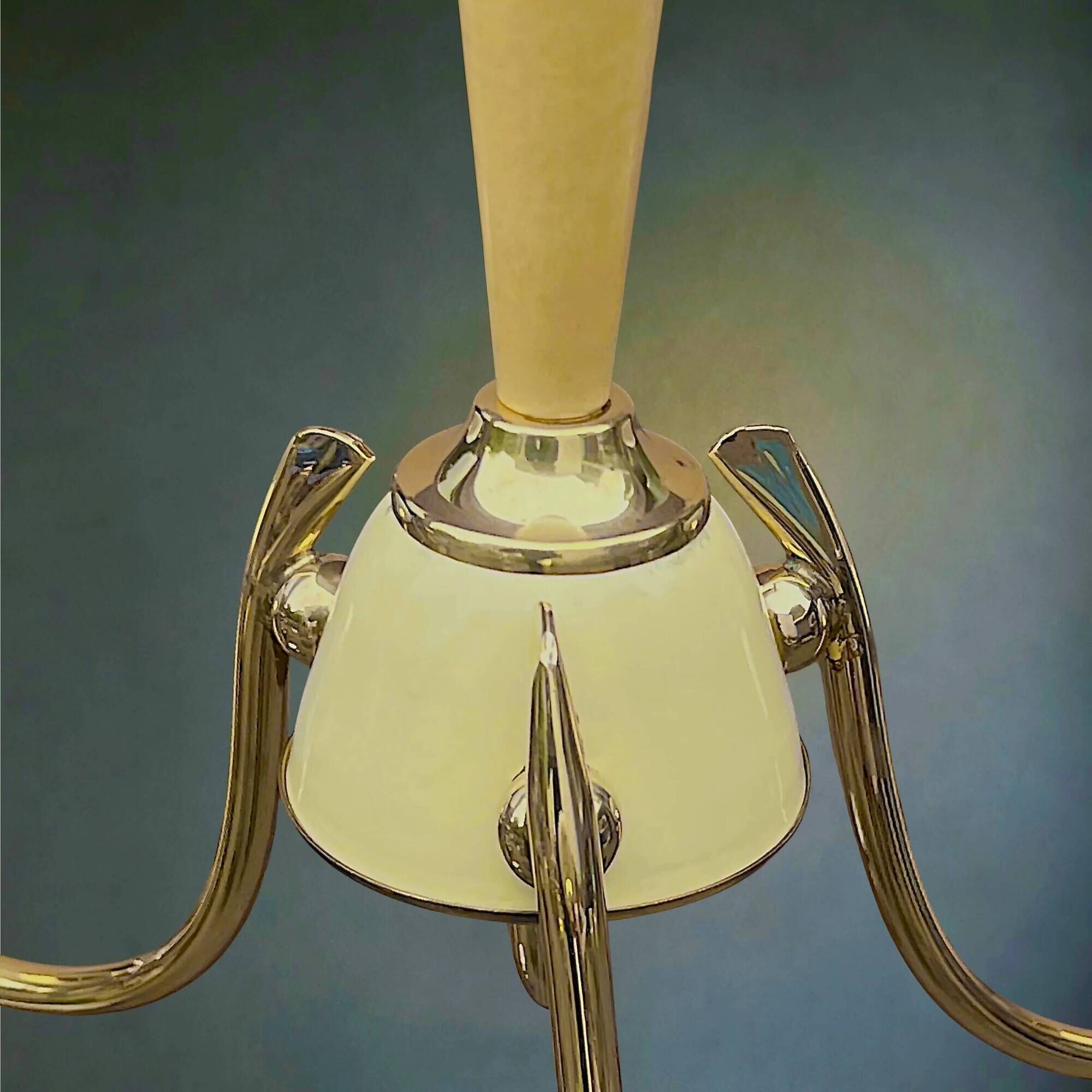Three-light chandelier in brass and striated opaline glass – 1950s-60s
