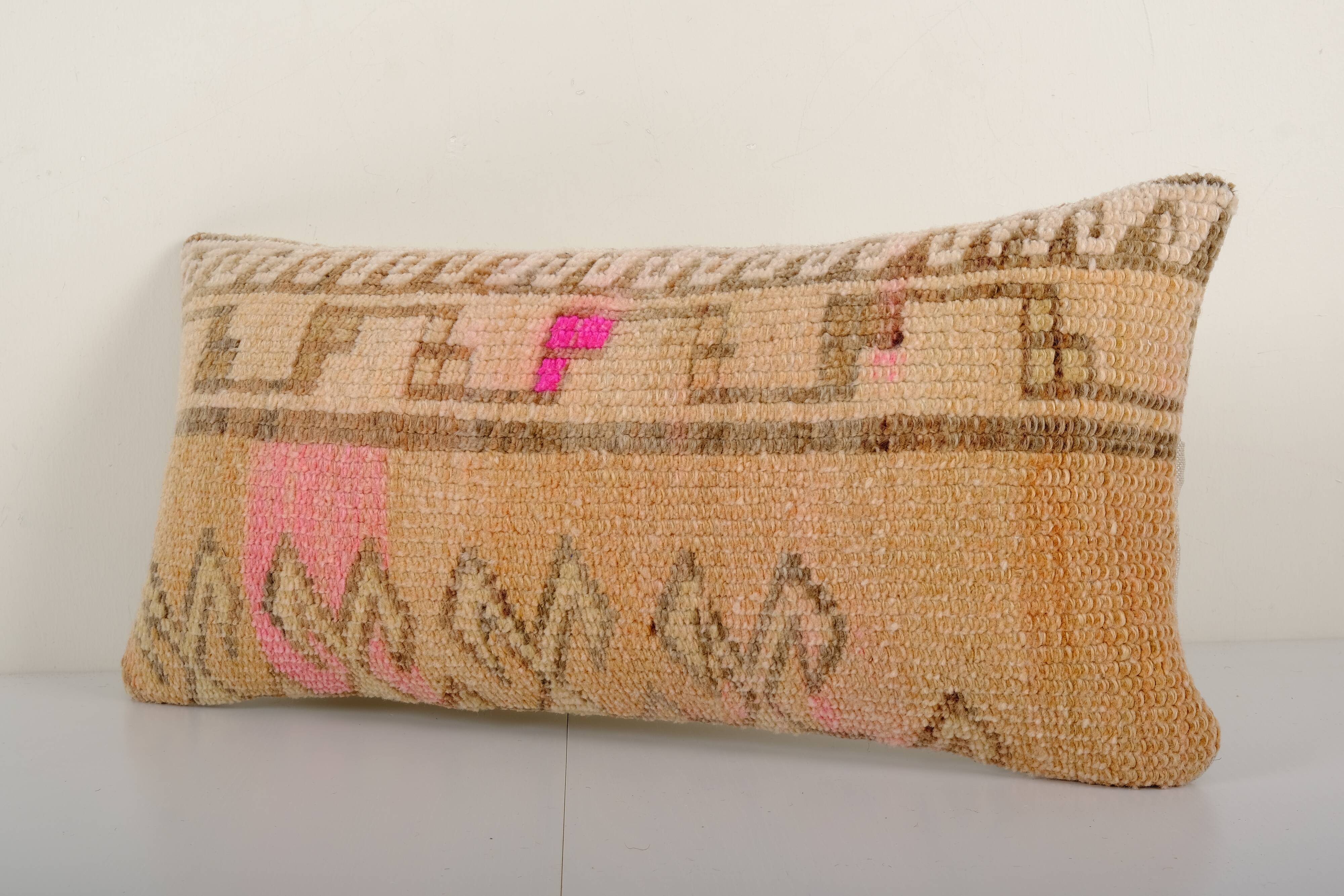 Vintage faded yellow lumbar pillow cover, , couch pillow, tribal oushak rug pillow, carpet cover 12'