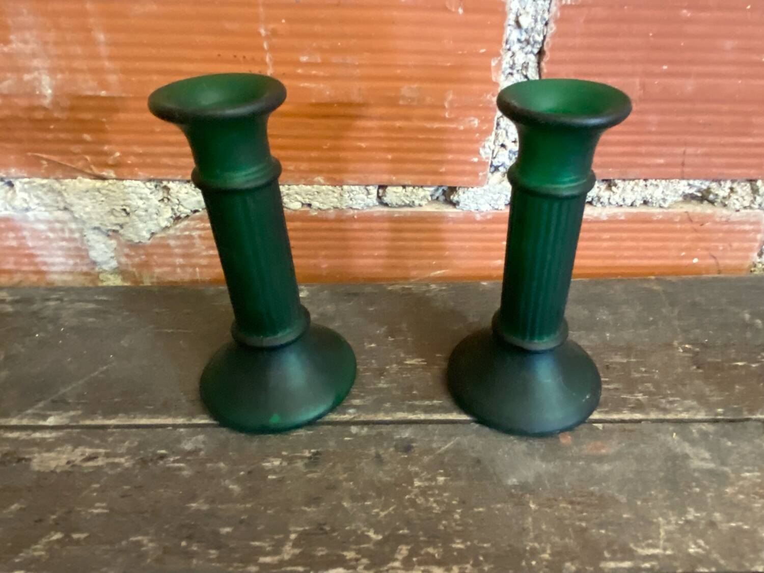 Pair of Antique Green Moulded Glass Candle Holders Column Shape Vintage #D813