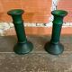 Pair of Antique Green Moulded Glass Candle Holders Column Shape Vintage #D813